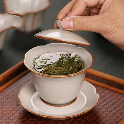 汝窑三才盖碗茶杯茶具功夫茶泡茶碗陶瓷单个纯手工开片正品大号 商品图2