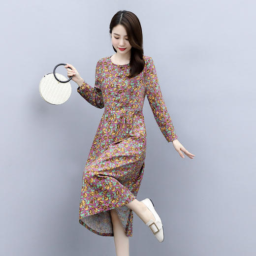 WZNH-WN7019新款复古文艺圆领磨毛打底连衣裙 商品图0