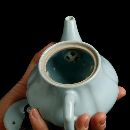 汝窑茶壶瓜棱功夫茶具单个天青色开片可养南瓜壶小号泡茶器瓷茶壶 商品图1