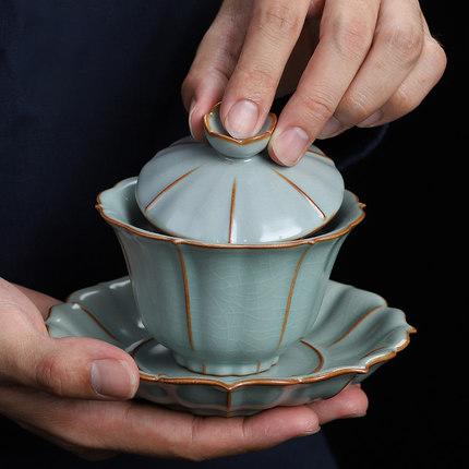 汝窑三才杯盖碗茶杯天青色单个纯手工冰裂开片汝瓷茶具泡茶碗 商品图2