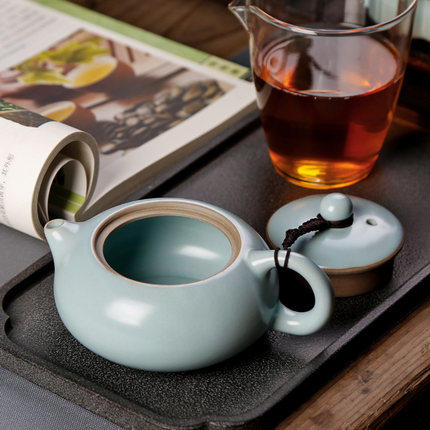 汝窑茶壶扁西施壶天青色陶瓷开片可养功夫茶具过滤泡茶壶小号单壶 商品图1