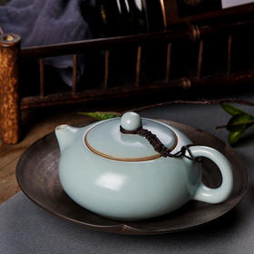 汝窑茶壶扁西施壶天青色陶瓷开片可养功夫茶具过滤泡茶壶小号单壶