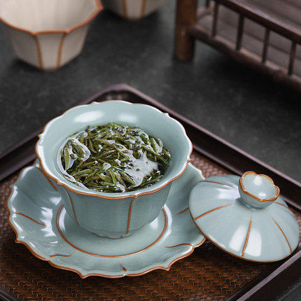 汝窑三才杯盖碗茶杯天青色单个纯手工冰裂开片汝瓷茶具泡茶碗 商品图1