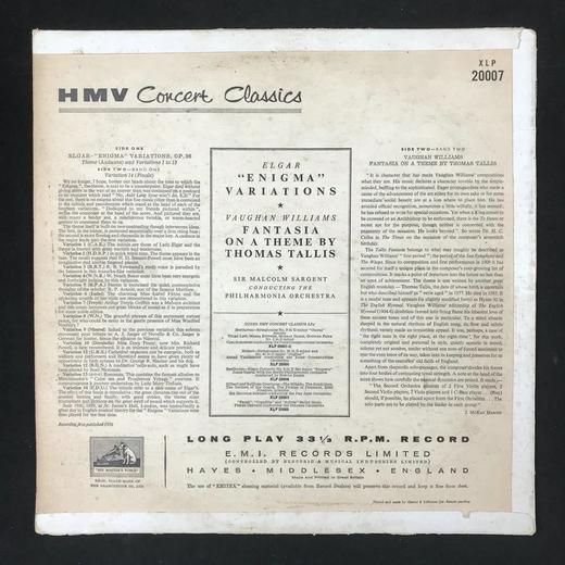 LP黑胶唱片 埃尔加《谜语变奏曲》 沃恩·威廉斯《泰利斯主题幻想曲》 英国爱乐乐团 马尔科姆·萨金特指挥 商品图1
