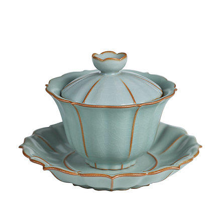 汝窑三才杯盖碗茶杯天青色单个纯手工冰裂开片汝瓷茶具泡茶碗 商品图3