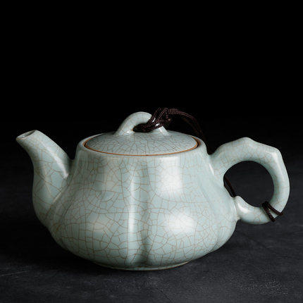 汝窑茶壶瓜棱功夫茶具单个天青色开片可养南瓜壶小号泡茶器瓷茶壶 商品图0