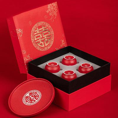 结婚喜茶杯套装新婚礼陪嫁陶瓷大红色中式敬茶托盘礼盒装定制刻字 商品图3