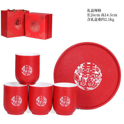 结婚喜茶杯套装新婚礼陪嫁陶瓷大红色中式敬茶托盘礼盒装定制刻字 商品图6