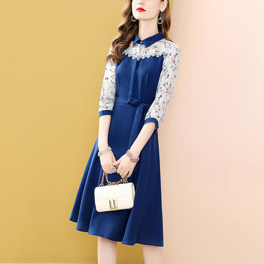 时尚蓝色拼接名媛连衣裙2020年新款气质中长裙 MMZ8913 商品图0