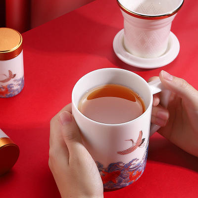 定制专款珐琅彩办公杯陶瓷茶杯带盖茶水分离羊脂玉LOGO定制 商品图4