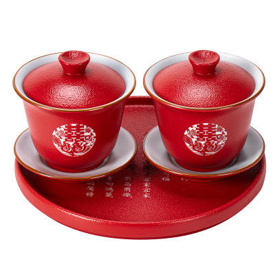 红色盖碗结婚敬茶碗喜庆三才盖碗茶具托盘一对套装婚庆陶瓷茶碗 商品图1