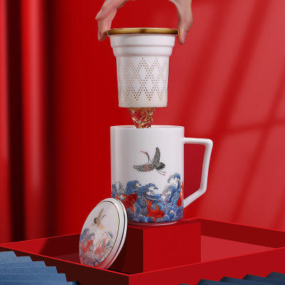 定制专款珐琅彩办公杯陶瓷茶杯带盖茶水分离羊脂玉LOGO定制 商品图3