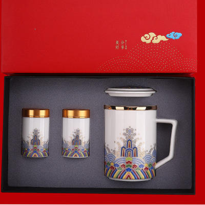 定制专款珐琅彩办公杯陶瓷茶杯带盖茶水分离羊脂玉LOGO定制 商品图5