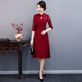 RYTS-B-18新款优雅气质改良立领中袖蕾丝奥黛旗袍