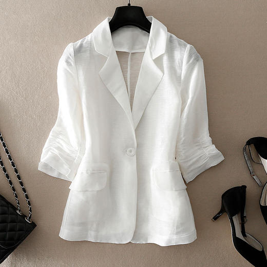 丁摩 夏款通勤简约一粒扣立体收腰西服气质修身丝麻小西装薄外套女20-199DY199 商品图0