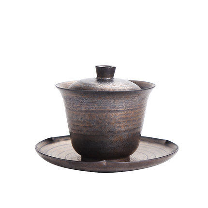 粗陶古铜鎏金高腹手抓冲茶盖碗茶杯复古大号陶瓷三才杯 商品图4