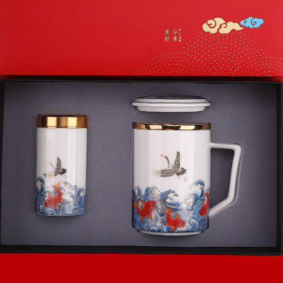 定制专款珐琅彩办公杯陶瓷茶杯带盖茶水分离羊脂玉LOGO定制 商品图10