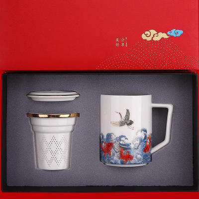 定制专款珐琅彩办公杯陶瓷茶杯带盖茶水分离羊脂玉LOGO定制 商品图9