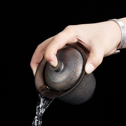 粗陶古铜鎏金高腹手抓冲茶盖碗茶杯复古大号陶瓷三才杯 商品图1