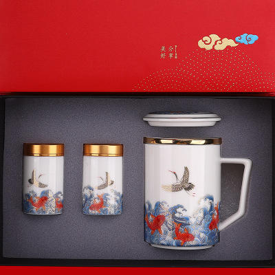 定制专款珐琅彩办公杯陶瓷茶杯带盖茶水分离羊脂玉LOGO定制 商品图7