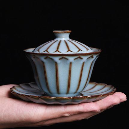 汝窑三才盖碗茶杯开片可养冰裂釉正品单个不烫手纯手工茶具泡茶碗 商品图2