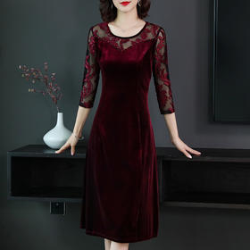 MQ-A909春秋新款气质收腰提花网纱拼接阔太太金丝绒连衣裙ZXH