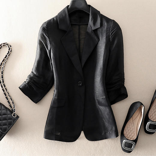 丁摩 夏款通勤简约一粒扣立体收腰西服气质修身丝麻小西装薄外套女20-199DY199 商品图6