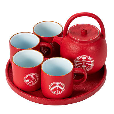 结婚茶具套装新婚礼物高档嫁妆喜庆家用送人陶瓷红色茶壶茶杯婚庆 商品图1