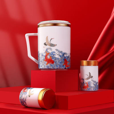 定制专款珐琅彩办公杯陶瓷茶杯带盖茶水分离羊脂玉LOGO定制 商品图1