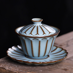 汝窑三才盖碗茶杯开片可养冰裂釉正品单个不烫手纯手工茶具泡茶碗