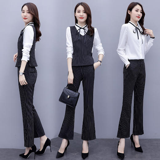 MQQ-3646洋气职业装初秋新款气质衬衣显瘦条纹马甲三件套 商品图3