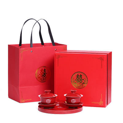 红色结婚敬茶杯陶瓷茶具盖碗一对送人礼盒装婚礼新婚喜庆中式家用 商品图4