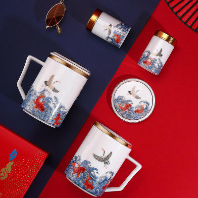 定制专款珐琅彩办公杯陶瓷茶杯带盖茶水分离羊脂玉LOGO定制 商品图0