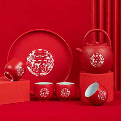 结婚大红色粗陶6头鸳鸯壶茶盘礼盒装家用陶瓷婚礼品送礼盒装喜庆 商品图4