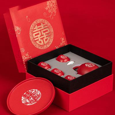 结婚大红色粗陶6头鸳鸯壶茶盘礼盒装家用陶瓷婚礼品送礼盒装喜庆 商品图3