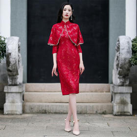 YM-84628日常国风，小披肩蕾丝改良旗袍两件套