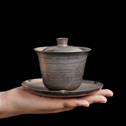 粗陶古铜鎏金高腹手抓冲茶盖碗茶杯复古大号陶瓷三才杯