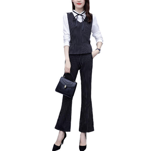 MQQ-3646洋气职业装初秋新款气质衬衣显瘦条纹马甲三件套 商品图4