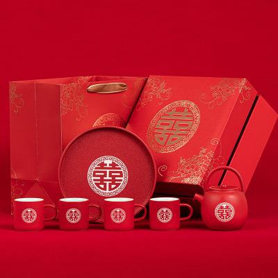结婚茶具套装新婚礼物高档嫁妆喜庆家用送人陶瓷红色茶壶茶杯婚庆 商品图2