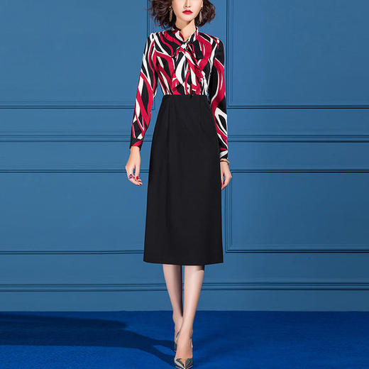 OLN-9782新款气质女神范OL收腰显瘦蝴蝶结领拼接包臀连衣裙 商品图0