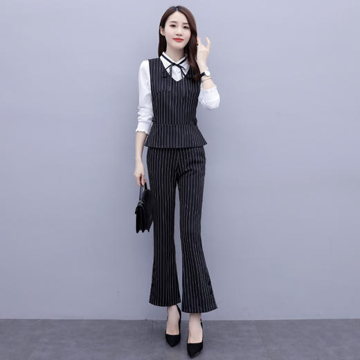 MQQ-3646洋气职业装初秋新款气质衬衣显瘦条纹马甲三件套 商品图2