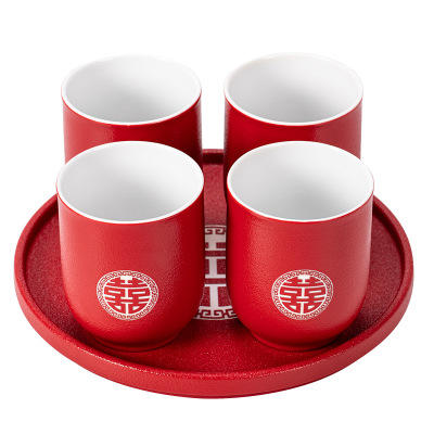 结婚喜茶杯套装新婚礼陪嫁陶瓷大红色中式敬茶托盘礼盒装定制刻字 商品图0