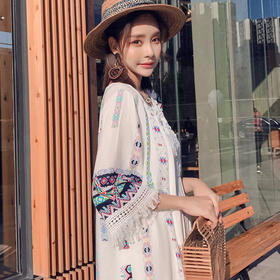 MLS-3273度假沙滩防晒衣印花披肩外套复古中长款流苏开衫