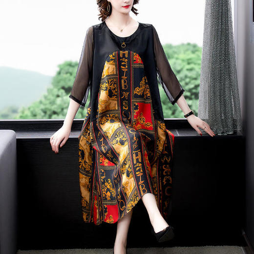 HT-BH-307-9298新款优雅气质宽松圆领七分袖拼接印花连衣裙 商品图3