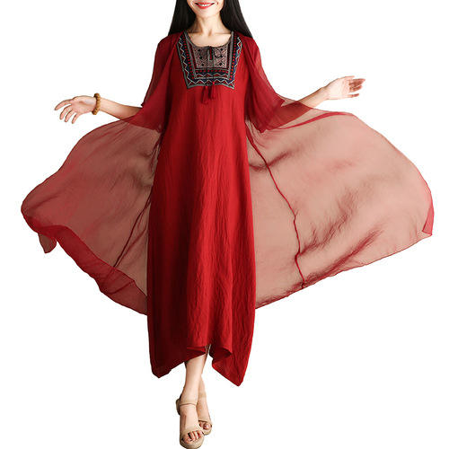 QYBD-Q011中国风夏季领花刺绣丝麻大码宽松假两件连衣裙 商品图2