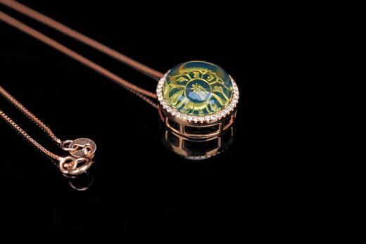 墨西哥蓝珀18K玫瑰金镶钻圆形 满镶吊坠  准提神咒 能量系列 商品图3