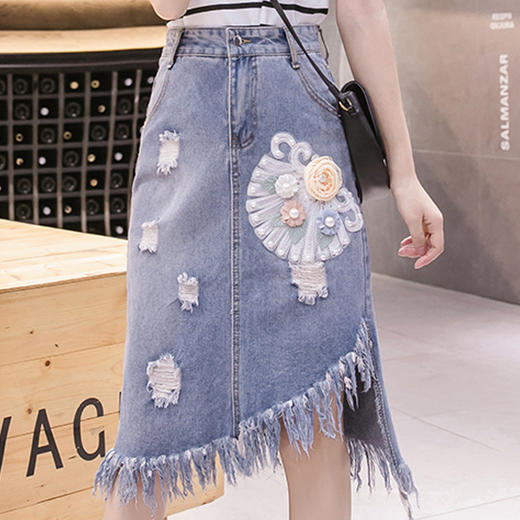 QSDY-5523钉珠不规则破洞牛仔裙拼接半身裙 商品图0