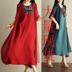 QYBD-Q011中国风夏季领花刺绣丝麻大码宽松假两件连衣裙