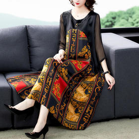 HT-BH-307-9298新款优雅气质宽松圆领七分袖拼接印花连衣裙