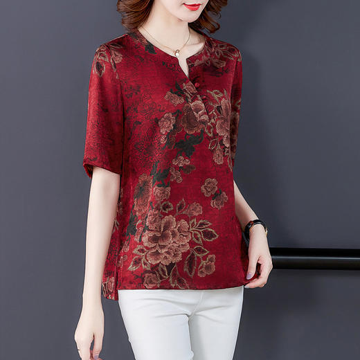 SXY-9660妈妈大码女装夏真丝印花修身显瘦T恤上衣 商品图1